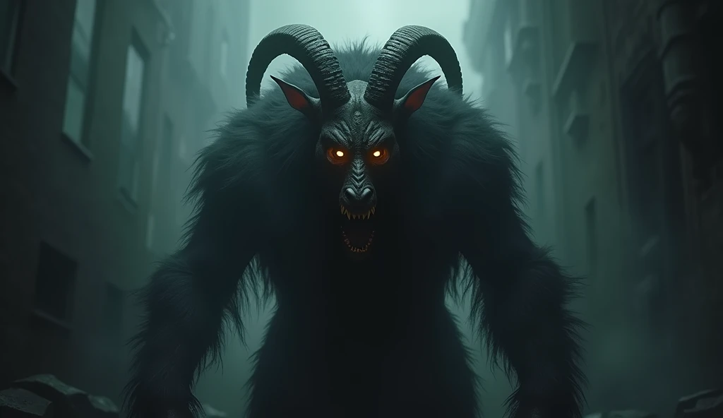 ultra realistic 8k professional photo, satan looking like giant goat man evil with 3 eyes yellow and glowing,full of black hair, horrible visions of Beelzebul goatman