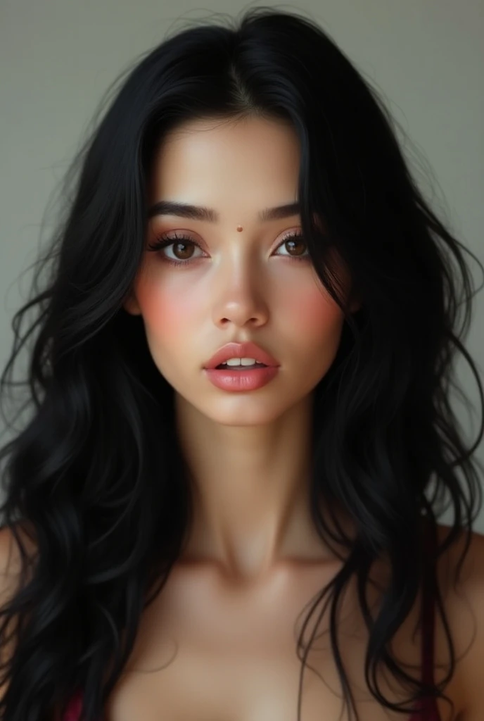 extremely beautiful, very, attractive and cute Hispanic woman with long, messy, wavy, black hair, full, pale pink lips, tiny Barbie nose, thin eyebrows, light hazel eye color, slanted, baby eyes, a baby face with a pale white complexion, rabbit teeth, a bi...