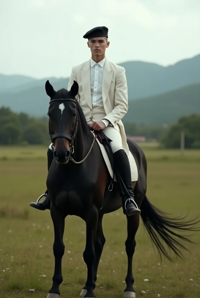 A tall white boy ,  dressed elegantly with a beret on a black head riding a black horse the place sarigua in Panama, That the photo is realistic and taken in the distance and that you dont notice the face of the person . That the photo be taken from behind...