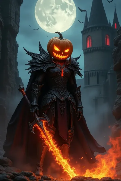 Pumpkin head man, weird glowing eyes, Halloween warrior using huge flaming overwhelming sword, black knight armor, dark theme costume, dark fantasy tone , 8k, vivid render, flashy cosplay, super detailed fantasy character, dark goddess, wacky fantasy armor...