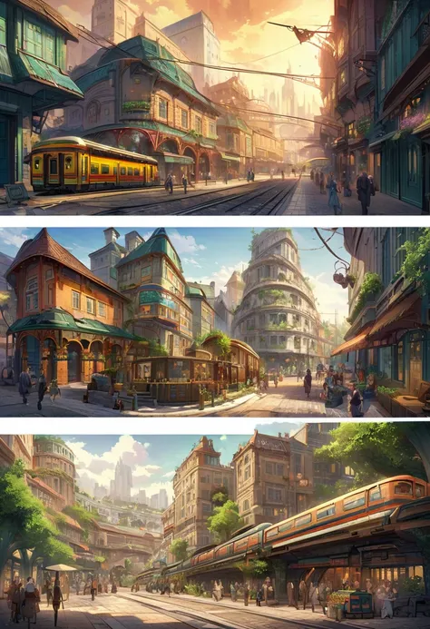 Anime style, concept art, (steampunk, fantasy, scifi:0.4), solarpunk. A vibrant and lush city, where nature is deeply integrated into its design. Buildings are mostly 5 stories or shorter, and transportation is centered around pedestrian walkways trains.