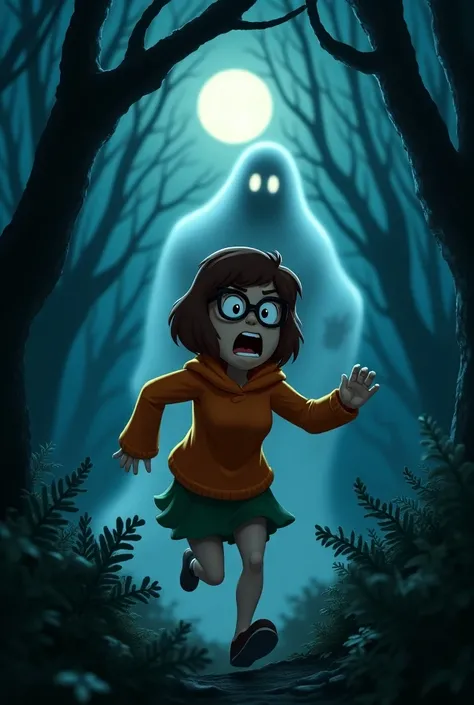 velma running from ghost,at the forest in the nightHigh Resolution, 