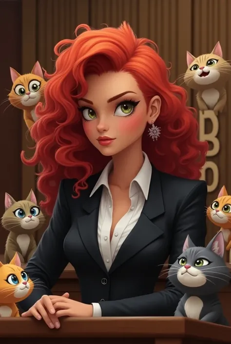 Beautiful girl with curly hair up to her neck in red color , Let her be a judge looking at a court that says turbo and that is accompanied by cats and that say Jenny Cristina in animation mode 