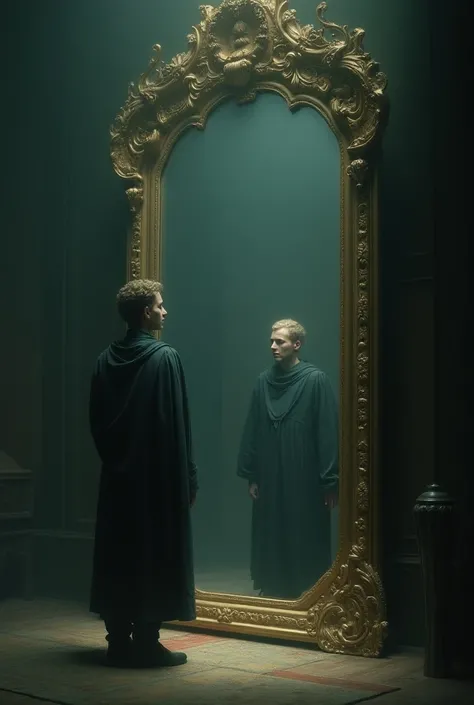 
person looking in the giant mirror and on the other side that same person but in a different pose
