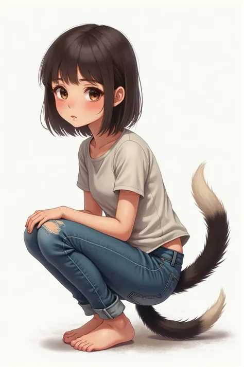  Create a girl wearing jeans and crouching very much,  showing her tail in crouched jeans , realistic and high-quality art 