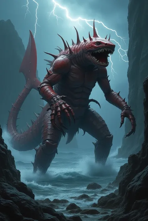 (best quality)), Scorpion and Red Shark Hybrid Creature: Create a monstrous hybrid of a scorpion and a red shark. The creature should have the elongated, armored body of a scorpion, with shark-like skin in a deep, menacing red. The tail should be a combina...