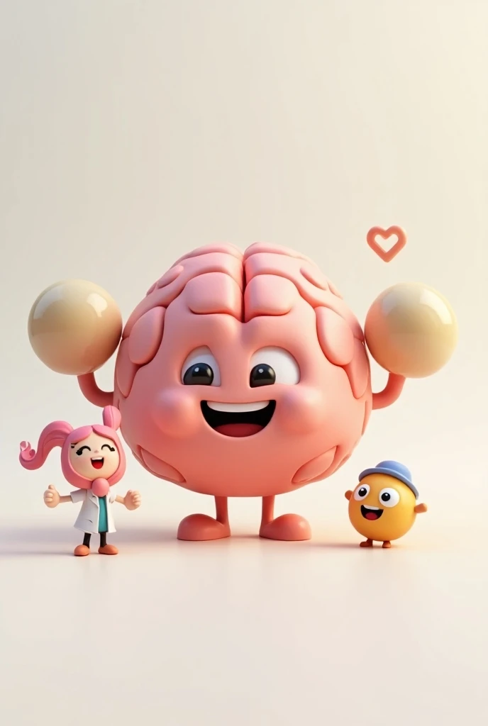  Cute round 3D logo with a large brain in centre holding dumbbells and a therapist with pink hairs on left side and a small round comb on the right side