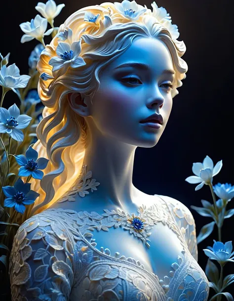 midjourney, mj, midjourney style, realism,  like a movie quality, Play of light, Gradient, Shine,  Pottery Skin , Glossy mouth, Dutch tilt ,  DYNAMIC POSE ,   white porcelain girl with blue flowers ,  amazing art, Abstract, Floral,   gold thread lace  ,  M...