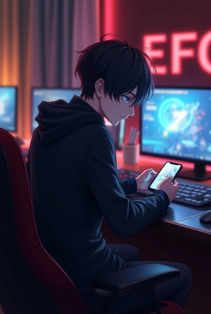 A boy playing game in a luxury gaming room .with vibe .and at his background wall therenis written EFC 
Make the inspire more visible
Make the boy more handsome and his age is 22
He is playing on a phone 
Make his face blurry
This photo is from his backgro...