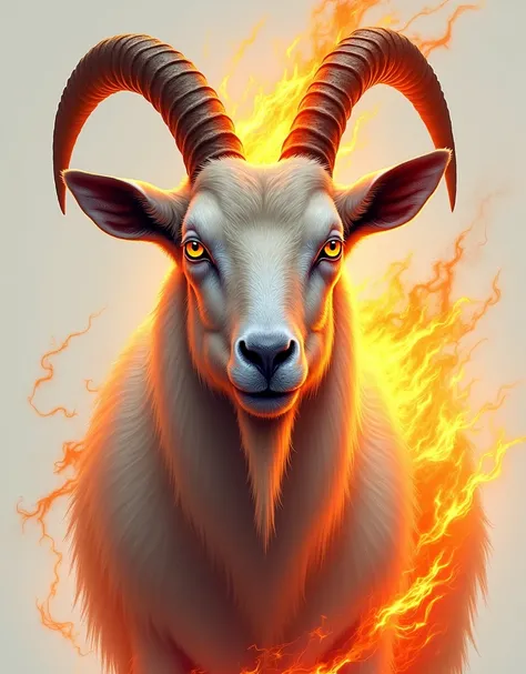 A goat face with fire eyes and fire on back  illustration portrait lining realistic brighty