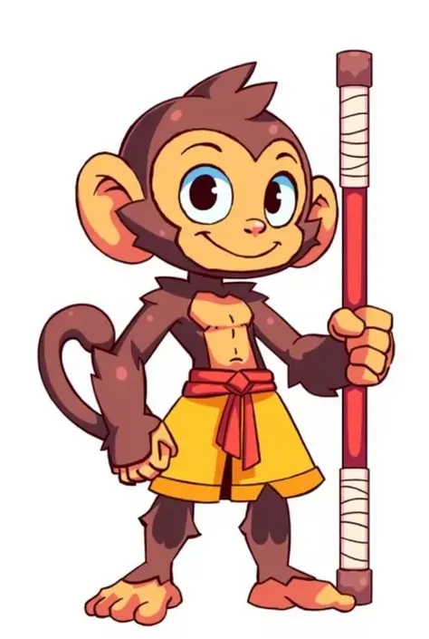 cartoon monkey with a stick in his hand, sun Wukong, Wukong holds a purple scepter in his hand, monkey king, humanoid monkey fantasy race, monkey, bloons td 6 dart monkey, 