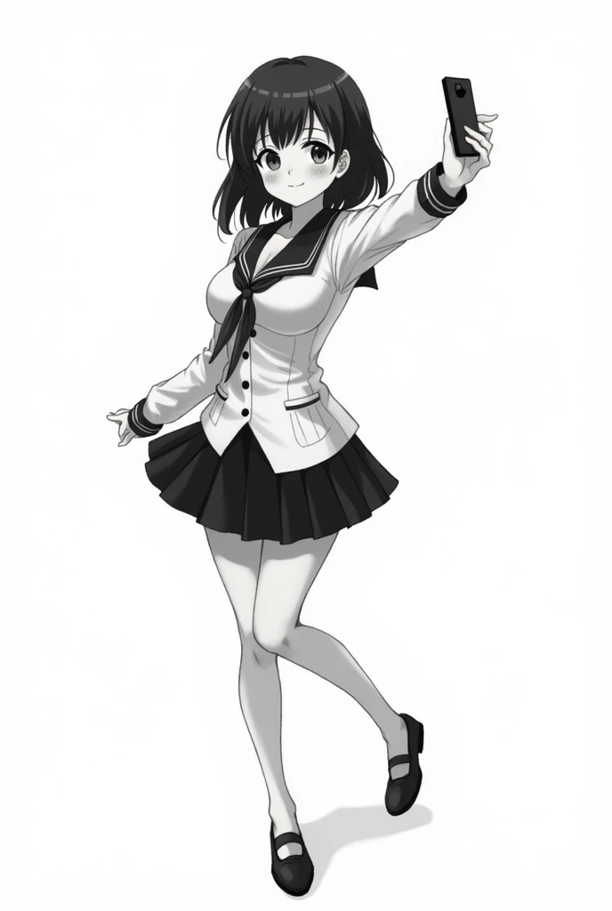 Black and white manga image in ghibli style schoolgirl sexy and cute sexy body idol face cleavage tight waist long legs big breasts big hips smiling taking selfie with blank white board behind her. 