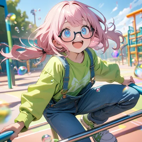 (8K, best quality, master piece: 1.2),super high resolution,1 girl,16yo,solo,ultra-detailed face,detailed eyes,blue eyes,low twintails,long hair,pastel pink hair,mascara,fluorescent green long sleeved T-shirt,under rim glasses,Denim overalls,sneakers,laugh...