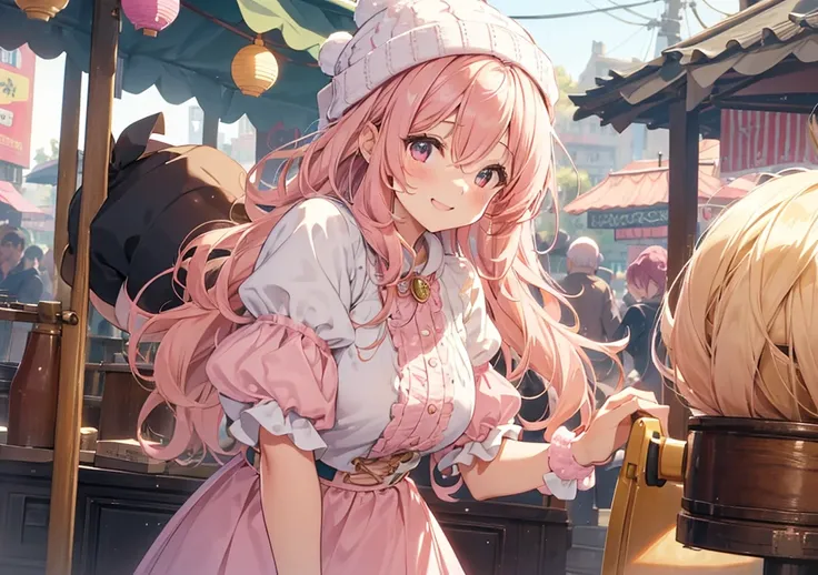 A cute girl with short, wavy pink hair, highlighted with soft golden strands. She wears a frilly white blouse with puffed sleeves and a colorful skirt, topped with a playful beanie featuring a cute pom-pom. Playfully leaning against a lamppost in a bustlin...