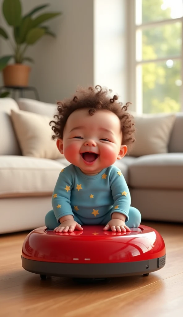 An extremely overweight one-year-old baby girl sits joyfully on a shiny red robotic vacuum cleaner as it glides smoothly across the room. She has curly hair and a round face, her chubby rosy cheeks lighting up with every giggle, reflecting pure excitement....