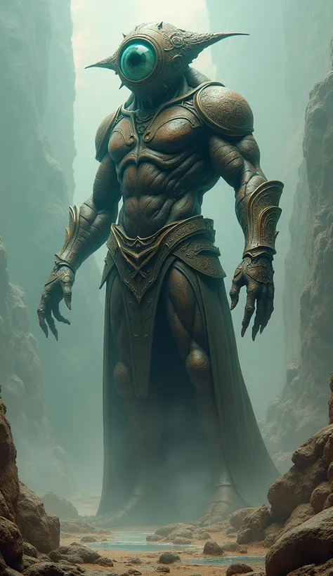 Create an image of a large and strong mystical being with his armor looking like a single eye on his face, he should have a single eye on his face large and round