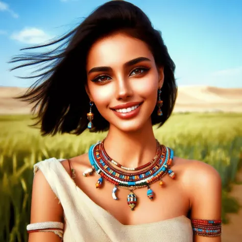 Beautiful woman、 Egyptian、smile、Dark Eyes、Black eyeliner、Brown Skin、photograph、High image quality、high quality