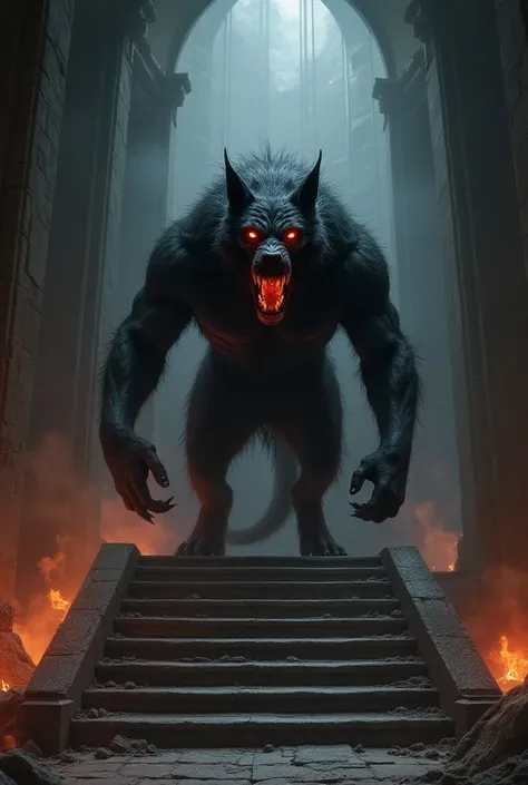 Hell hound protecting stair case, in big ground
