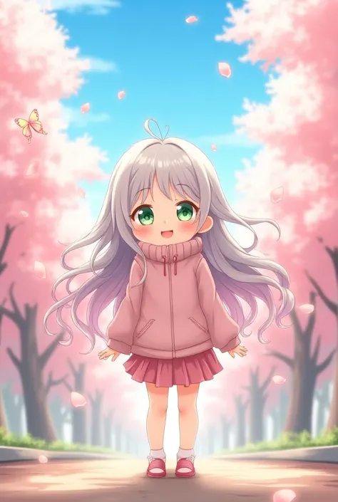 Create a vibrant and adorable illustration of a young girl with long, flowing silver hair that has soft pink tips, giving her a playful and whimsical appearance. She has large, sparkling green eyes that convey warmth and kindness, paired with a cheerful sm...