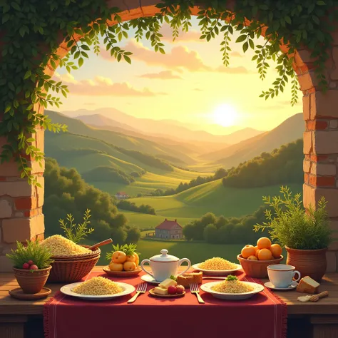 Create an image of a country landscape at dawn, with a typical backlands breakfast table, where there is couscous, cheese and coffee. At the top of the image, add the phrase &#39;Good morning!&#39; in a friendly and welcoming font, with shades of yellow or...