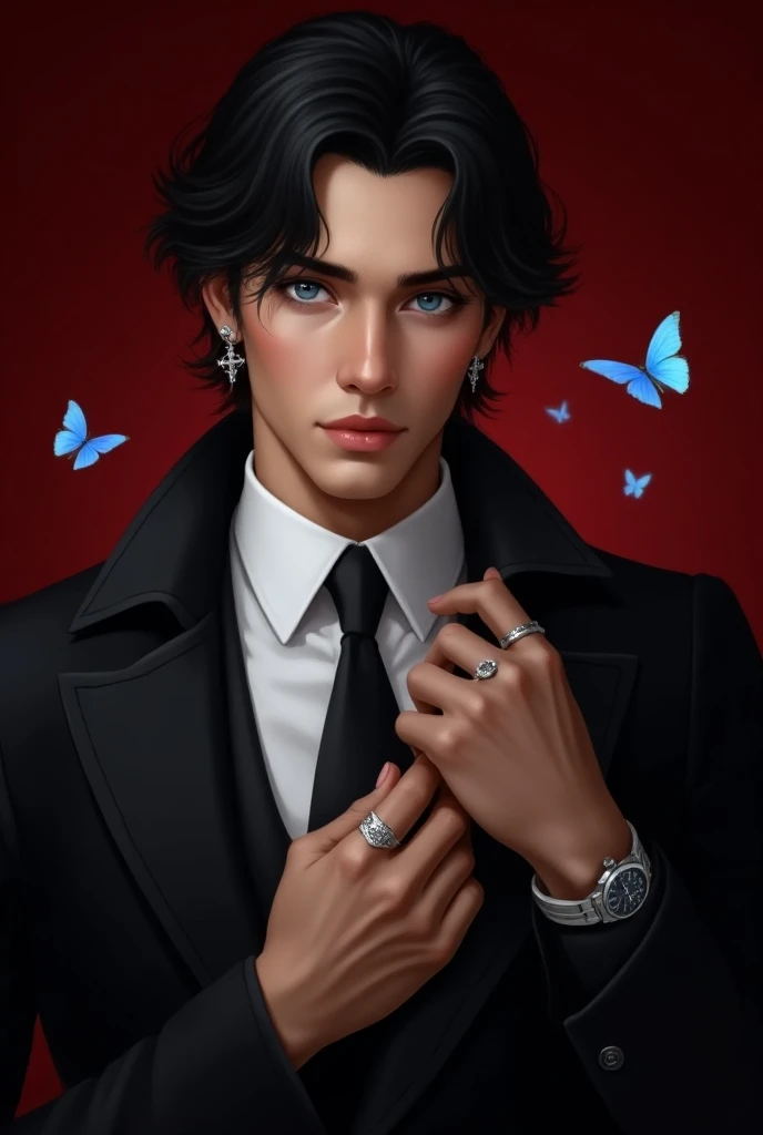 Realistic image. Handsome adult man with perfect and symmetrical face. He has an angelic face. He has wavy black hair with strands over his eyes and eyebrows. He has thick eyebrows and long eyelashes. Blue eyes. He is dressed in a black cloth coat, a grey ...