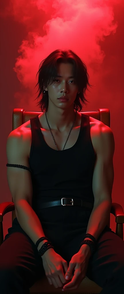 JEON JUNGKOOK (BOY AN MUSCULAR) LONG-HAIRED, WHITE-SKINNED. THERE IS A BLACK TANK TOP ON IT, BLACK PANTS UNDERNEATH AND A BELT AT THE WAIST. IS SITTING IN THE CHAIR WITH HIS HANDS AND EYES TIED, THERE IS A RED LIGHT AROUND. SMOKE BILLS UP FROM BEHIND. 