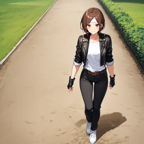 sexy 1 girl in the park, short brown hair, brown eyes, ((black leather jacket with arms rolled up)), fingerless gloves, white T-shirt, ((white headband)), black pants, white shoes, brown belt, open jacket, walking on a dirt path, white tennis shoes, white ...