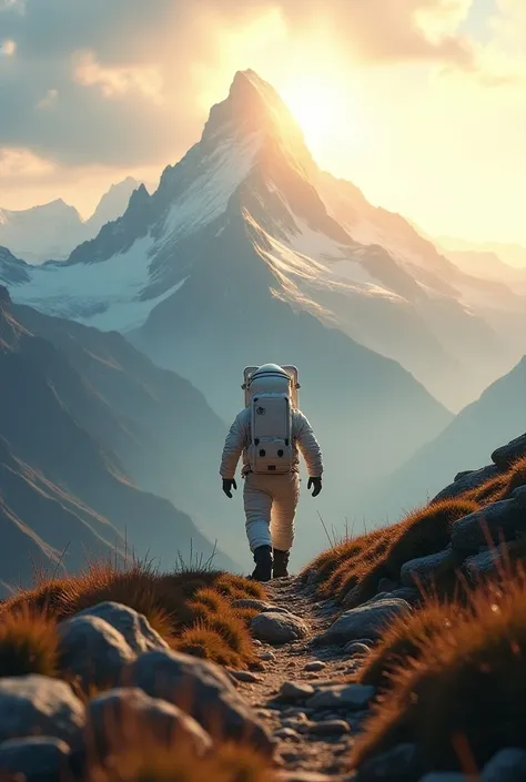 highest quality, masterpiece, Highly detailed background, Majestic Mountain々Back view of a astronaut walking up a slope leading to, A human figure stretching out in the sunlight shining from the mountaintop, Beautiful scenery decorated with earth colors, A...