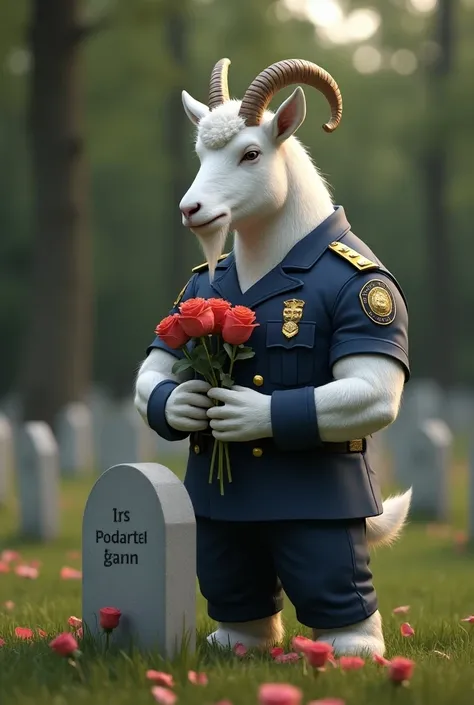 A white bodybuilder goat, wearing a police uniform, places a bunch of roses on its fathers grave.

