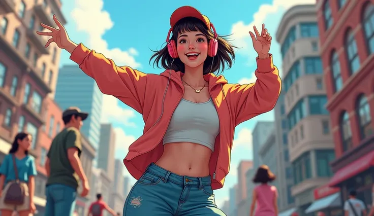 8k、High school girl、Mature、 hoodie、Belly button、Headphones、Put on a cap、dancer、 seems to be having fun、smile、Practicing dancing on the street、metropolis、2D-style animation, Lo-Fi、LoFi、Retro、アニメ調Illustration、Illustration