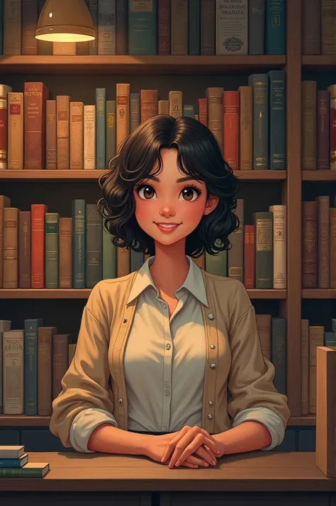 A brunette bookstore with short curly hair that has bookshelves behind her 