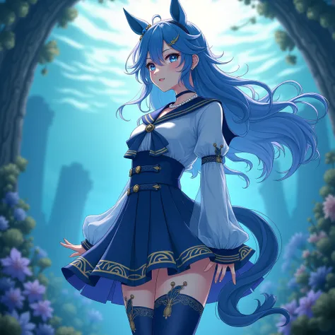 masterpiece, best quality, 1girl, teenage girl, athletic build, long blue hair, wavy hair, small braid on right side, deep blue eyes, gentle dreamy expression, school uniform style racing outfit, horse ears, horse tail, pearl necklace, water drop earring

...