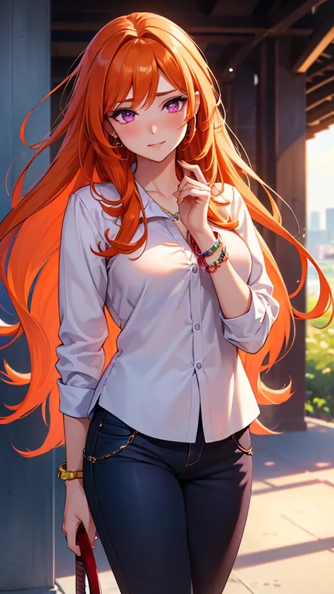 1 girl,  High resolution, (( The best quality ,  tall details , HD model, High quality, UHD)),  long hair , blush,  mouth shut, violet eyes, make-up,  Hair ornament , jewelry,  animated,(( orange hair))
city, pants, blouse, Tennis