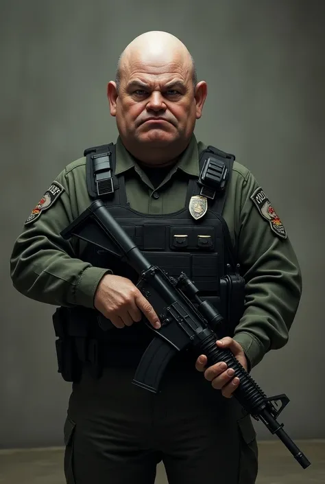  Create an image containing a police officer with a short height , overweight ,  from American special forces ,  wearing a uniform and ballistic vest , with a rifle in hand,  this officer has a very large head ,  twice as large as normal and disproportiona...