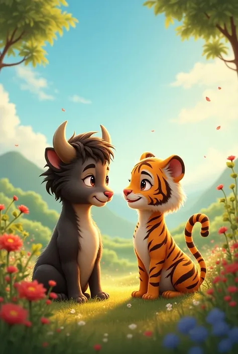 buffalo boy and tiger girl, reality, romantic, happy, high quality