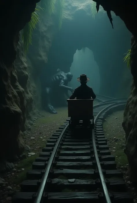 A man with A hat in cave ride a cart or roller coster in the railway he saw many obstacles on his way and passes every obstacles he was stressing the surrounding becoming very mysterious 
As a obstacles there should be some monster on the railway block the...