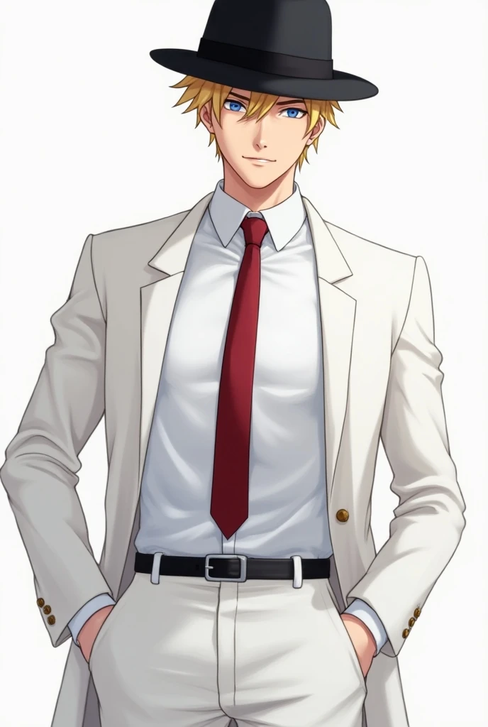 20 year old naruto tan skin , blonde spikey hair with blue eyes wearing  a black  fedora, a white dress shirt and a red tie, as well as  white dress pants and a white overcoat . Solo, High Resolution, 