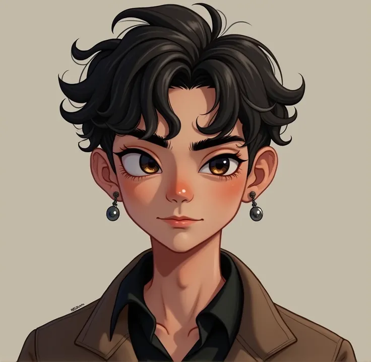 A more stylish boy with an earring and a curly brow with curly hair