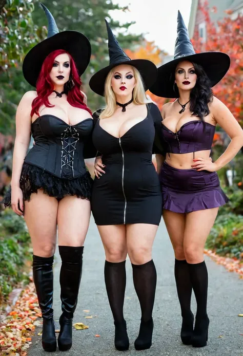 full body shot of a group of modern day lightly clad beautiful witches with curvy bodies and large breasts, in salem massachuset...