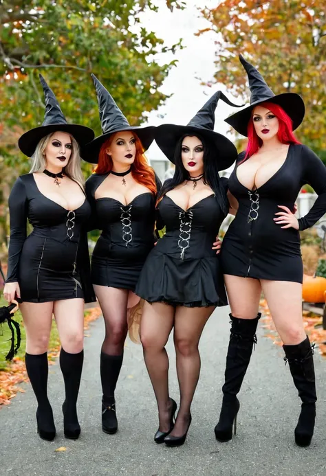 full body shot of a group of modern day lightly clad beautiful witches with curvy bodies and large breasts, in salem massachuset...