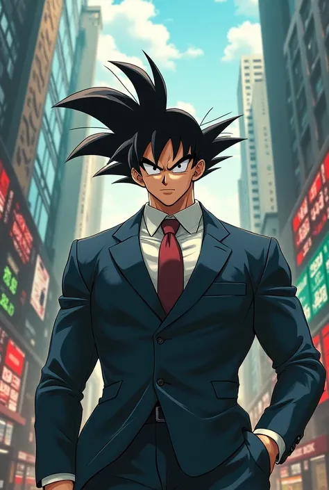 I want Goku in business attire fighting a financial crisis 
