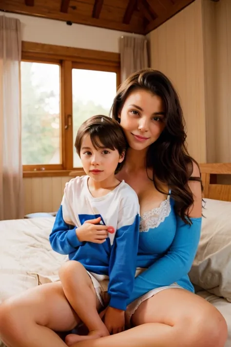 young boy sitting on his mother's lap in a cozy bedrooms, blue appropriate underwear clothes. mommy and son, 1boy, thick thighs,...