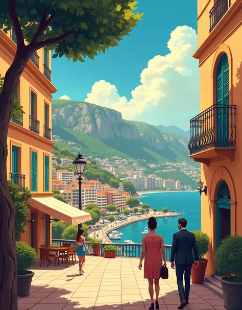 Vintage comic book cover illustration of Monaco with everything that best fit it, best quality, 8k, masterpiece, hdr, vivid colors, beautiful soft lighting, oil painting, cozy and inviting atmosphere, film grain, very creative and eye-catching, retro poste...