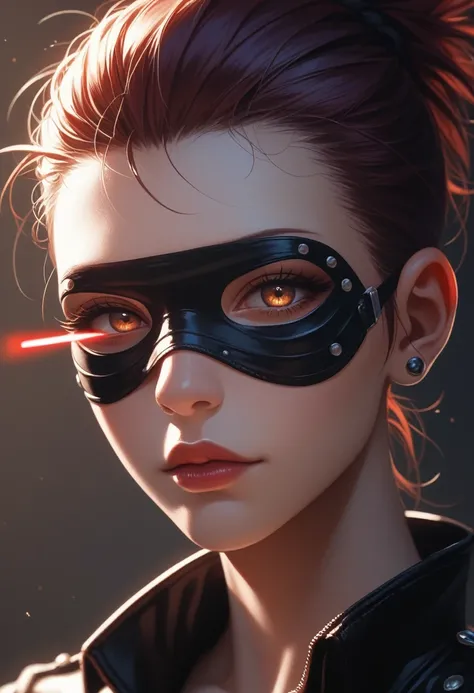 Cyber ​​punk, musicians, beautiful girl, liner eyes, eye mask, beautiful peaked nose, sweet red lips, wide-angle lens, expressive, search, beautiful and sexy side shot, 3D laser image, 18K UHD resolution, looking at the viewer,