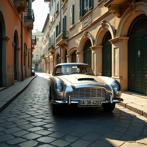 Автомобиль марки Aston Martin DB5 1964 года, Silver color, rides along a narrow Victorian street in an Italian town