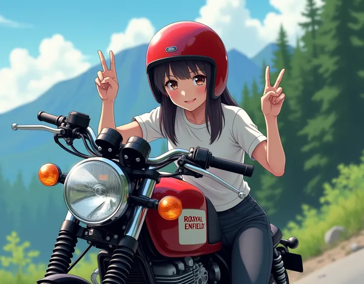 image of stunning, beautiful japanese girl taking selfie with her phone with her powerful extremely shining chrome finished Royal Enfield CONTINENTAL GT650 (( cafe racer)) motorcycle standing on the shore of a high cliff,  background is forest & mountains,...