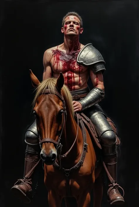 Show the wounded warrior sitting on the horse.Show blood flowing from the warriors body.  Water painting,color pencil There should be black colored canvas in the background.