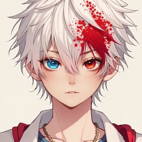 short white-haired boy with red spots in his hair  , with a blue left eye and a red right with a few red dots near the right eye,ANIME STYLE