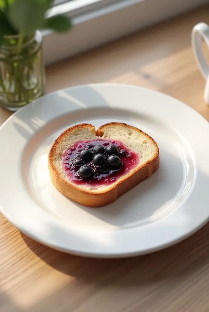 White plate, table, Moderately baked toast ,  blueberry jam , ((Realistic)), ((UHD, masterpiece, super detail, high details, best quality, 8k))@NikuU34