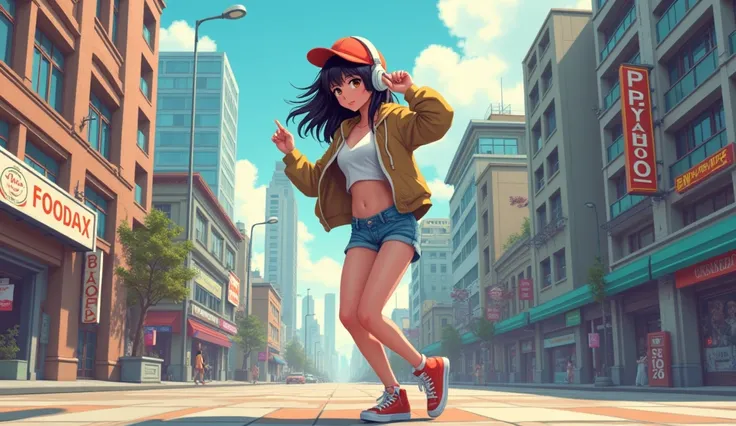 8k、High school girl、Mature、 hoodie、Belly button、Headphones、Put on a cap、dancer、 seems to be having fun、smile、Practicing dancing on the street、metropolis、2D-style animation, Lo-Fi、LoFi、Retro、アニメ調Illustration、Illustration